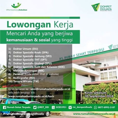Lowongan Kerja Dokter Spesialis, Dokter Umum, Perawat Radiografer dan Terapi Wicara di RS Rumah Sehat Terpadu Dompet Dhuafa